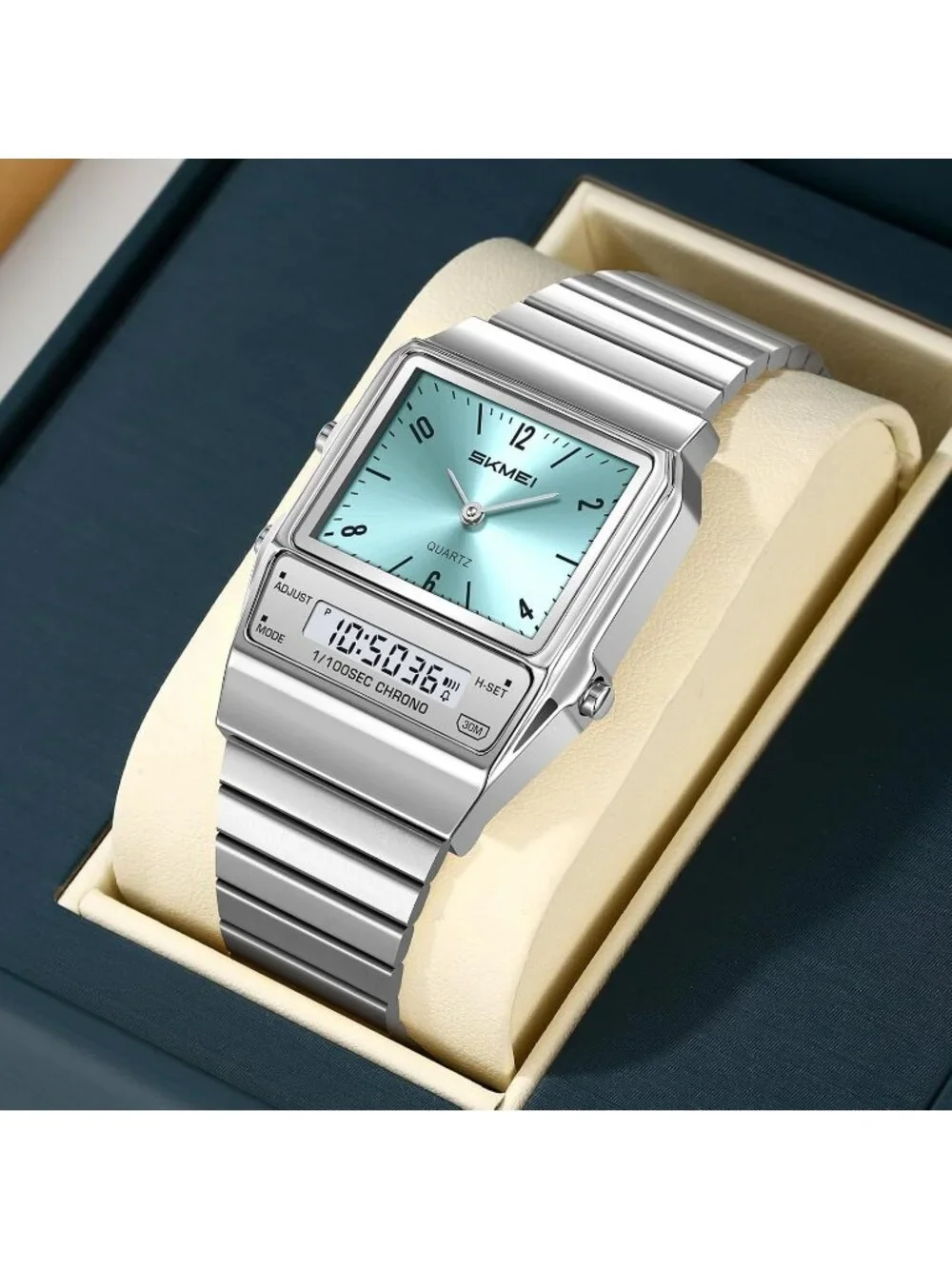Unisex Silver Blue Digital Analog Retro Square Stainless Steel Stopwatch Watches